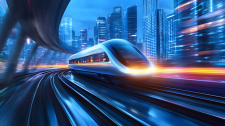 Dynamic illustration of a hyperloop train speeding through a glowing futuristic cityscape. Perfect...