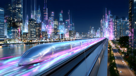 Dynamic illustration of a hyperloop train speeding through a glowing futuristic cityscape. Perfect...