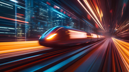 Dynamic illustration of a hyperloop train speeding through a glowing futuristic cityscape. Perfect...