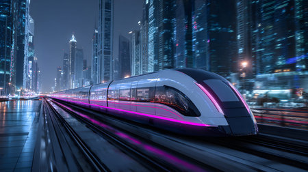 Dynamic illustration of a hyperloop train speeding through a glowing futuristic cityscape. Perfect...