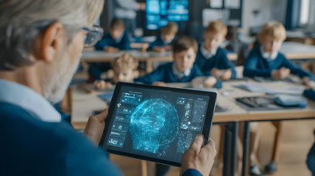 Illustration of a student interacting with an AI tutor application on a tablet showing holographic interface in a modern classroom. Perfect for e-learning and educational technology.の写真素材