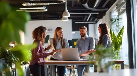 Group of professionals working together in an office, collaborating around a laptop during a team...