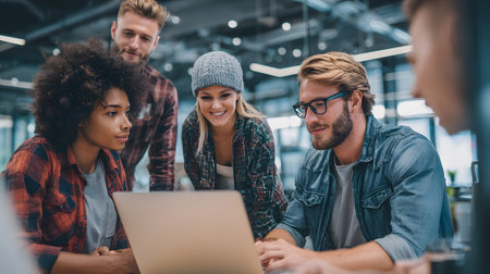 Group of professionals working together in an office, collaborating around a laptop during a team meeting. Great for teamwork, startup, and corporate use.の写真素材