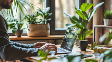 Freelancer working remotely from home with a relaxed and productive setup. Ideal for blogs, tech services, and work-from-home promotions.の写真素材