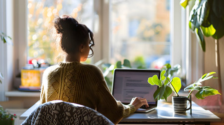 Freelancer working remotely from home with a relaxed and productive setup. Ideal for blogs, tech services, and work-from-home promotions.の写真素材