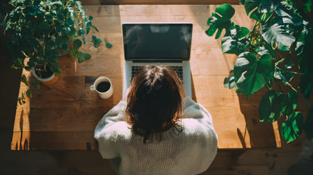 Freelancer working remotely from home with a relaxed and productive setup. Ideal for blogs, tech...