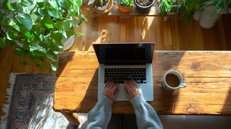 Freelancer working remotely from home with a relaxed and productive setup top view. Ideal for blogs,...