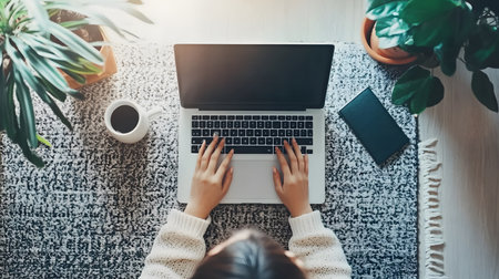 Freelancer working remotely from home with a relaxed and productive setup top view. Ideal for blogs, tech services, and work-from-home promotions.の写真素材