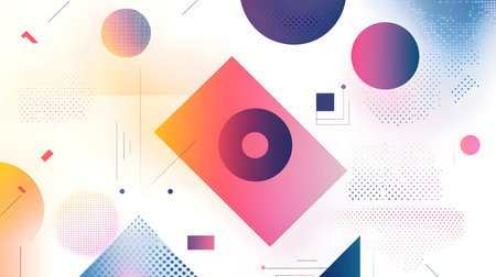 Bold geometric shapes in a modern abstract pattern, featuring circles, squares, and triangles. Ideal for digital design and creative projects.の写真素材