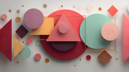 Bold geometric shapes in a modern abstract pattern, featuring circles, squares, and triangles. Ideal...