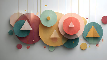Bold geometric shapes in a modern abstract pattern, featuring circles, squares, and triangles. Ideal for digital design and creative projects.の写真素材