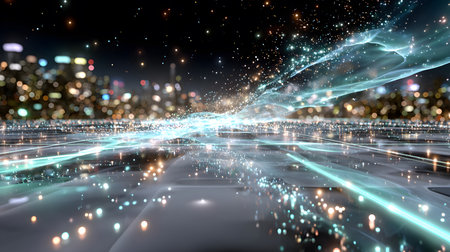 Glowing blue tech grid on a dark background, giving a high-tech digital interface feel. Great for IT, data, and tech-focused designs.の写真素材