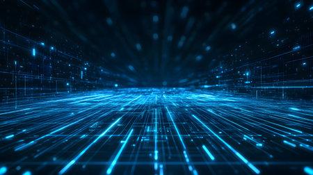 Glowing blue tech grid on a dark background, giving a high-tech digital interface feel. Great for IT, data, and tech-focused designs.の写真素材