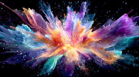 Vibrant abstract color burst with dynamic motion on a black background. Perfect for music posters, web design, and expressive visuals.の写真素材