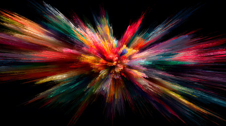 Vibrant abstract color burst with dynamic motion on a black background. Perfect for music posters, web design, and expressive visuals.の写真素材