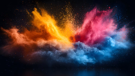 Vibrant abstract color burst with dynamic motion on a black background. Perfect for music posters, web design, and expressive visuals.の写真素材