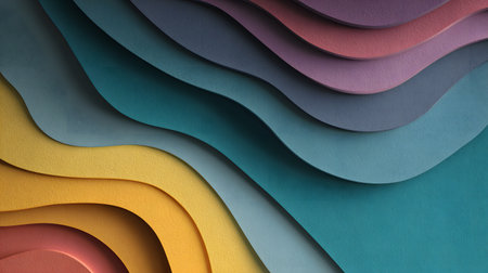 Layered paper cut style background with smooth curves and shadows. Ideal for playful yet professional visuals in digital or print media.の写真素材