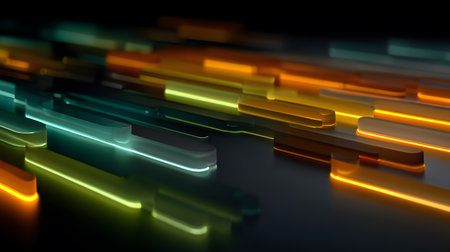 Futuristic neon lines and geometric shapes over a dark background. Great for tech, gaming, and high-energy digital media projects.の写真素材