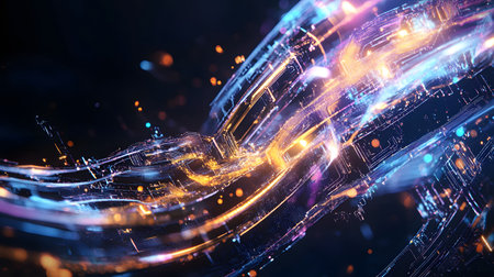 Futuristic neon lines and geometric shapes over a dark background. Great for tech, gaming, and high-energy digital media projects.の写真素材