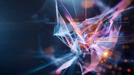 Futuristic neon lines and geometric shapes over a dark background. Great for tech, gaming, and high-energy digital media projects.の写真素材