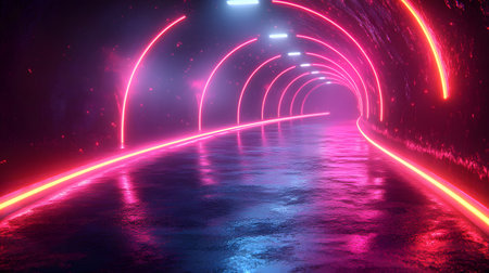 Futuristic neon lines and geometric shapes over a dark background. Great for tech, gaming, and high-energy digital media projects.の写真素材