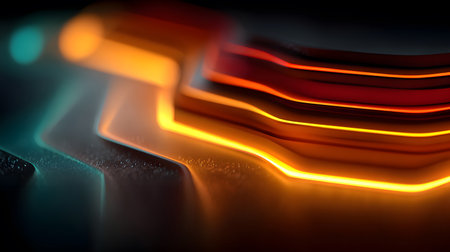 Futuristic neon lines and geometric shapes over a dark background. Great for tech, gaming, and high-energy digital media projects.の写真素材