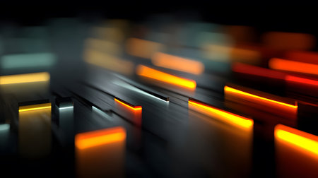 Futuristic neon lines and geometric shapes over a dark background. Great for tech, gaming, and high-energy digital media projects.の写真素材