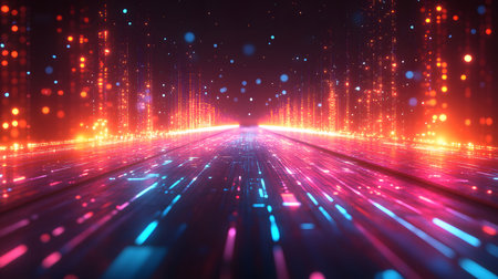 Futuristic neon lines and geometric shapes over a dark background. Great for tech, gaming, and high-energy digital media projects.の写真素材