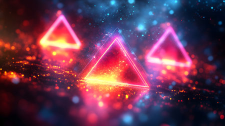 Futuristic neon lines and geometric shapes over a dark background. Great for tech, gaming, and high-energy digital media projects.の写真素材