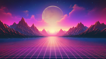 Retro vaporwave background with neon grid and nostalgic 80s style. Great for music visuals, YouTube...