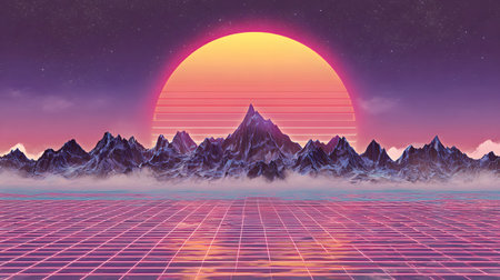 Retro vaporwave background with neon grid and nostalgic 80s style. Great for music visuals, YouTube...
