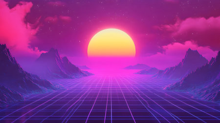 Retro vaporwave background with neon grid and nostalgic 80s style. Great for music visuals, YouTube...