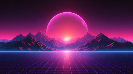 Retro vaporwave background with neon grid and nostalgic 80s style. Great for music visuals, YouTube...