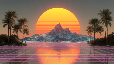 Retro vaporwave background with neon grid and nostalgic 80s style. Great for music visuals, YouTube art, or creative web designs.の写真素材