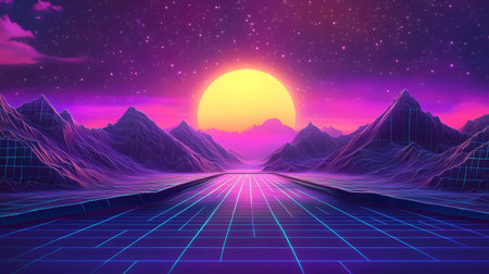 Retro vaporwave background with neon grid and nostalgic 80s style. Great for music visuals, YouTube...