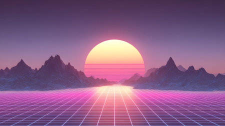 Retro vaporwave background with neon grid and nostalgic 80s style. Great for music visuals, YouTube...