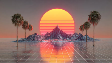Retro vaporwave background with neon grid and nostalgic 80s style. Great for music visuals, YouTube art, or creative web designs.の写真素材