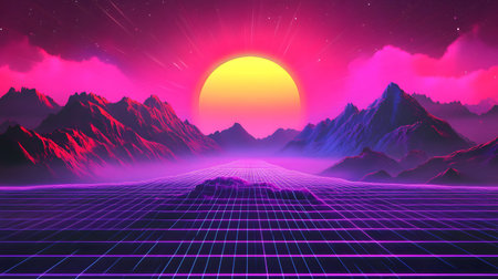 Retro vaporwave background with neon grid and nostalgic 80s style. Great for music visuals, YouTube...