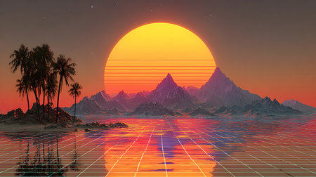 Retro vaporwave background with neon grid and nostalgic 80s style. Great for music visuals, YouTube art, or creative web designs.の写真素材