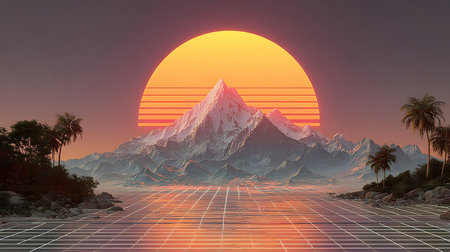 Retro vaporwave background with neon grid and nostalgic 80s style. Great for music visuals, YouTube art, or creative web designs.の写真素材