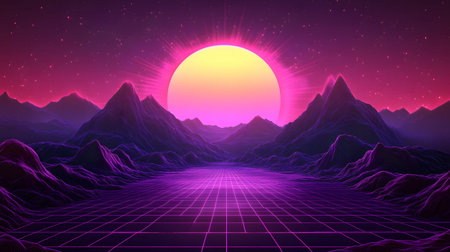 Retro vaporwave background with neon grid and nostalgic 80s style. Great for music visuals, YouTube...