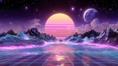 Retro vaporwave background with neon grid and nostalgic 80s style. Great for music visuals, YouTube...