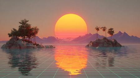 Retro vaporwave background with neon grid and nostalgic 80s style. Great for music visuals, YouTube...