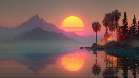 Retro vaporwave background with neon grid and nostalgic 80s style. Great for music visuals, or creative web designs.の写真素材