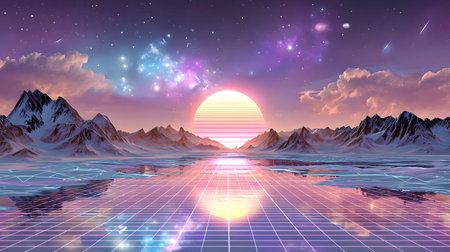 Retro vaporwave background with neon grid and nostalgic 80s style. Great for music visuals, YouTube...