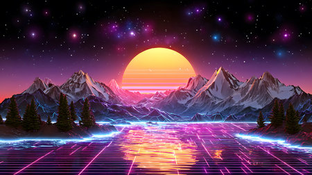 Retro vaporwave background with neon grid and nostalgic 80s style. Great for music visuals, YouTube...