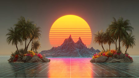 Retro vaporwave background with neon grid and nostalgic 80s style. Great for music visuals, YouTube...