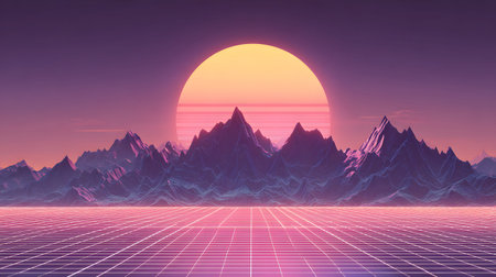 Retro vaporwave background with neon grid and nostalgic 80s style. Great for music visuals, YouTube...