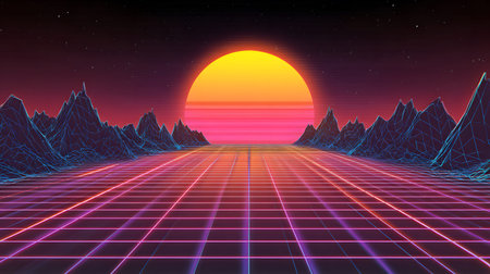 Retro vaporwave background with neon grid and nostalgic 80s style. Great for music visuals, YouTube...