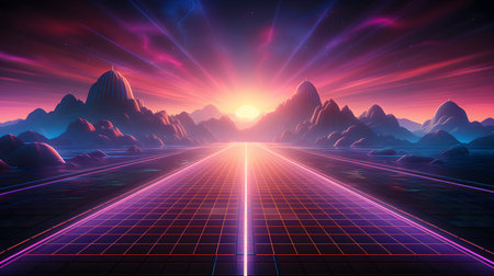 Retro vaporwave background with neon grid and nostalgic 80s style. Great for music visuals, or...